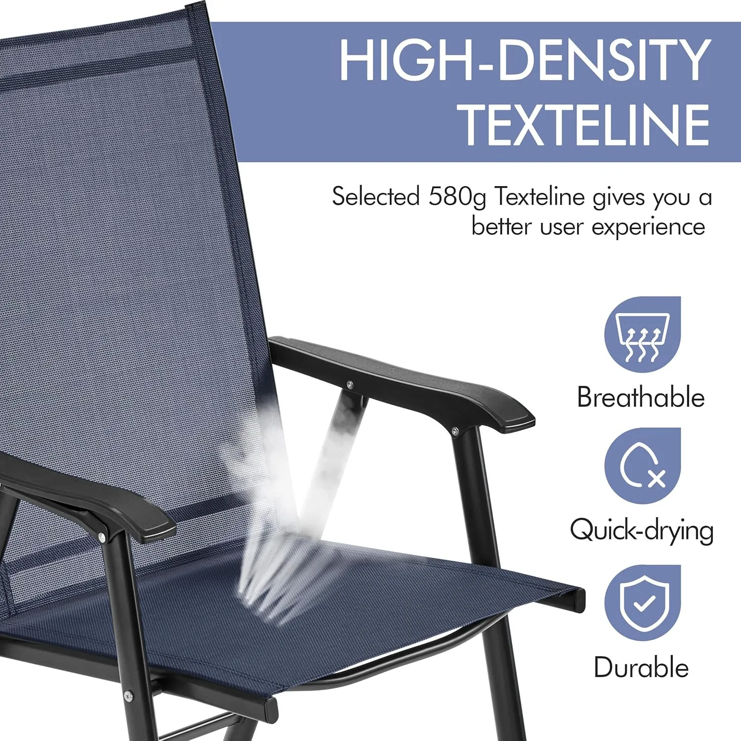 Yaheetech Patio Dining Chairs Set of 2, Portable Dining Chairs with Armrests for Camping, Lawn and Beach, Folding Patio Chairs 2-Pack of Metal Frame, Navy Blue