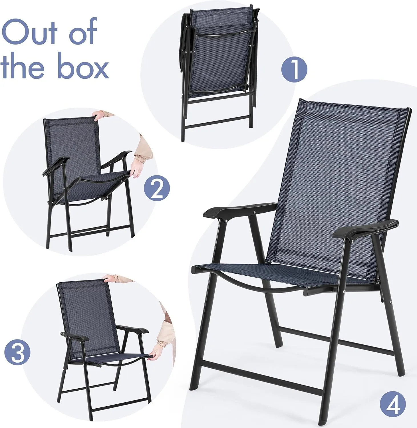Yaheetech Patio Dining Chairs Set of 2, Portable Dining Chairs with Armrests for Camping, Lawn and Beach, Folding Patio Chairs 2-Pack of Metal Frame, Navy Blue