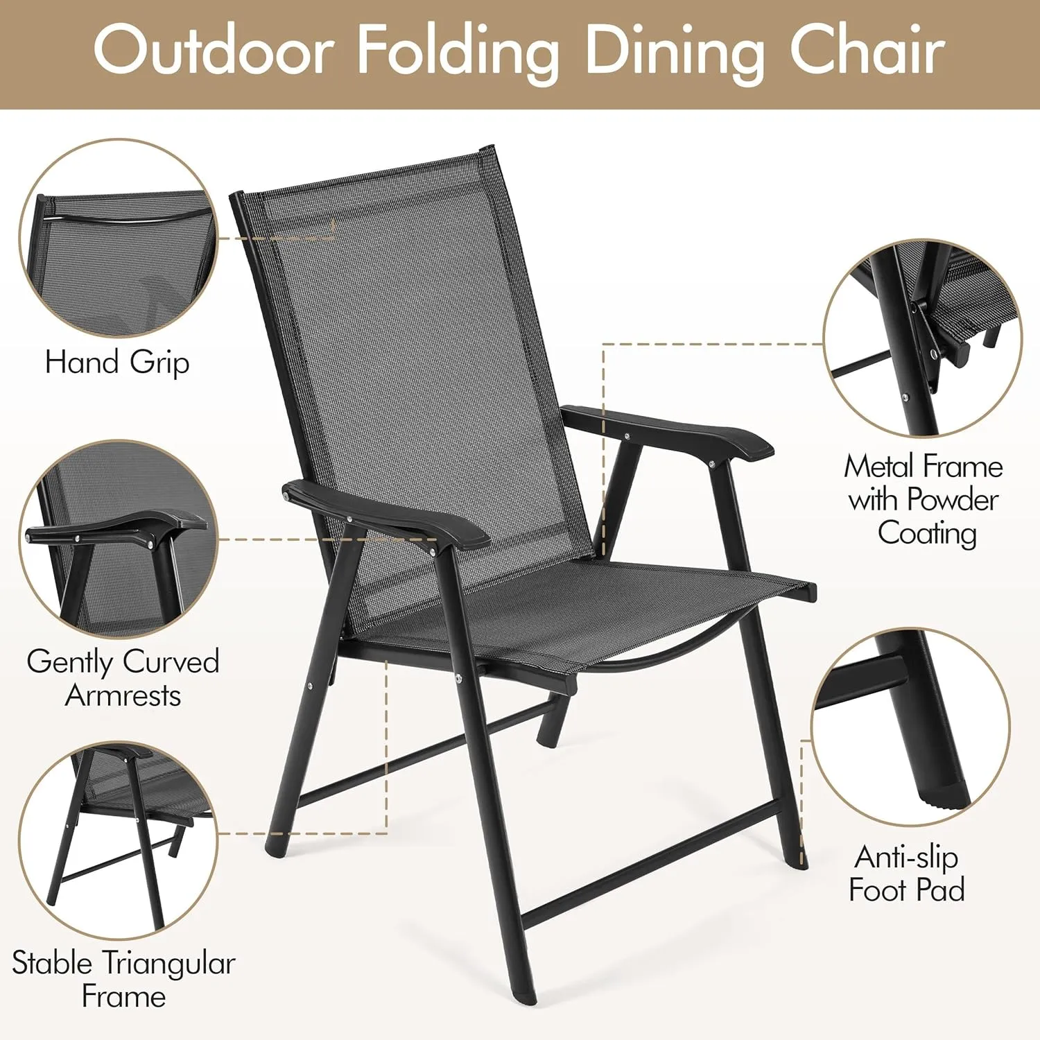 Yaheetech Patio Dining Chairs Set of 2 with Armrests, Outdoor Folding Chairs with Metal Frame and Backrest for Lawn, Garden, Yard and Poolside, Black