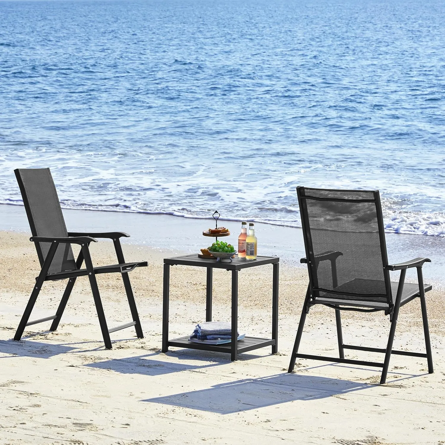 Yaheetech Patio Dining Chairs Set of 2 with Armrests, Outdoor Folding Chairs with Metal Frame and Backrest for Lawn, Garden, Yard and Poolside, Black