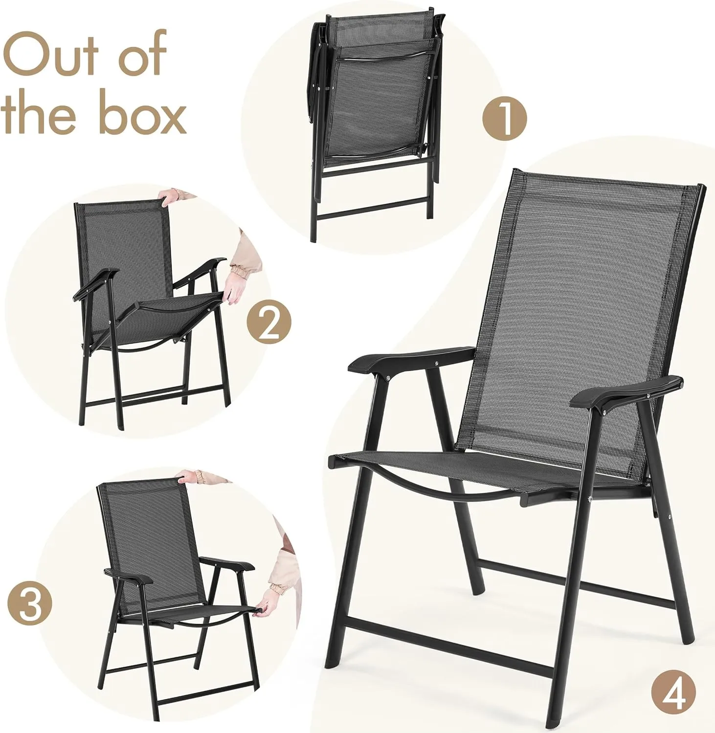 Yaheetech Patio Dining Chairs Set of 2 with Armrests, Outdoor Folding Chairs with Metal Frame and Backrest for Lawn, Garden, Yard and Poolside, Black
