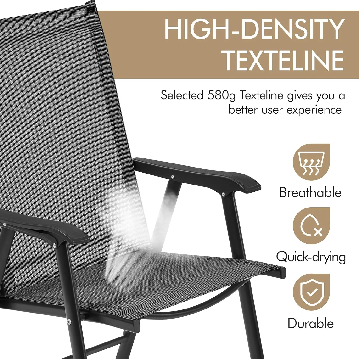 Yaheetech Patio Dining Chairs Set of 2 with Armrests, Outdoor Folding Chairs with Metal Frame and Backrest for Lawn, Garden, Yard and Poolside, Black