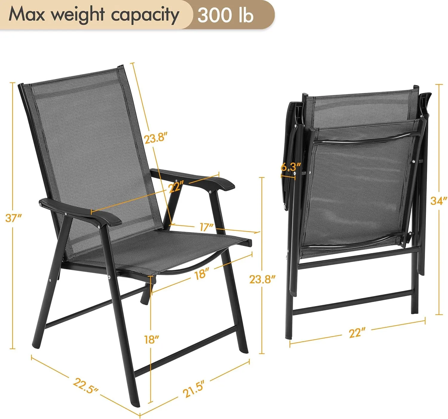 Yaheetech Patio Dining Chairs Set of 2 with Armrests, Outdoor Folding Chairs with Metal Frame and Backrest for Lawn, Garden, Yard and Poolside, Black