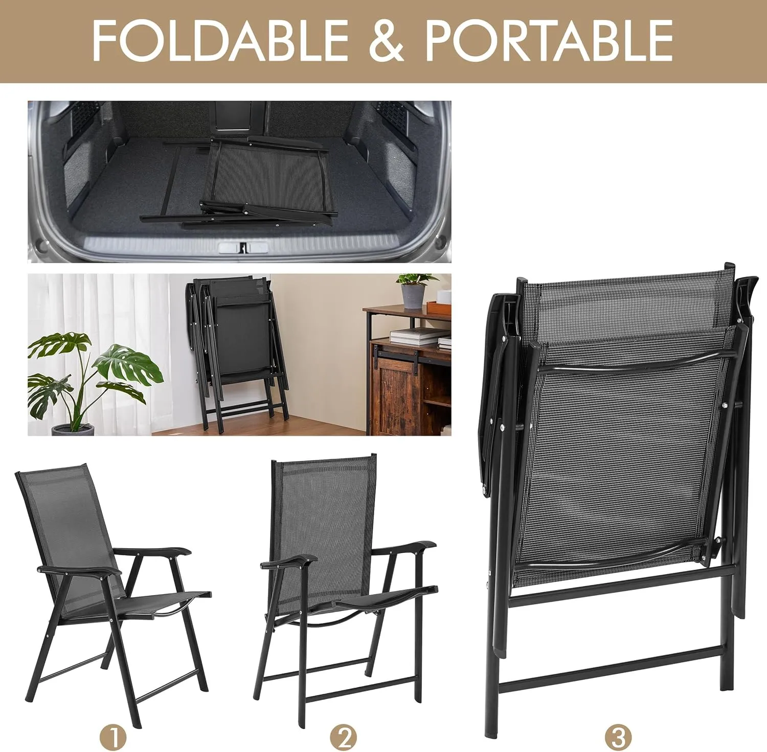 Yaheetech Patio Dining Chairs Set of 2 with Armrests, Outdoor Folding Chairs with Metal Frame and Backrest for Lawn, Garden, Yard and Poolside, Black