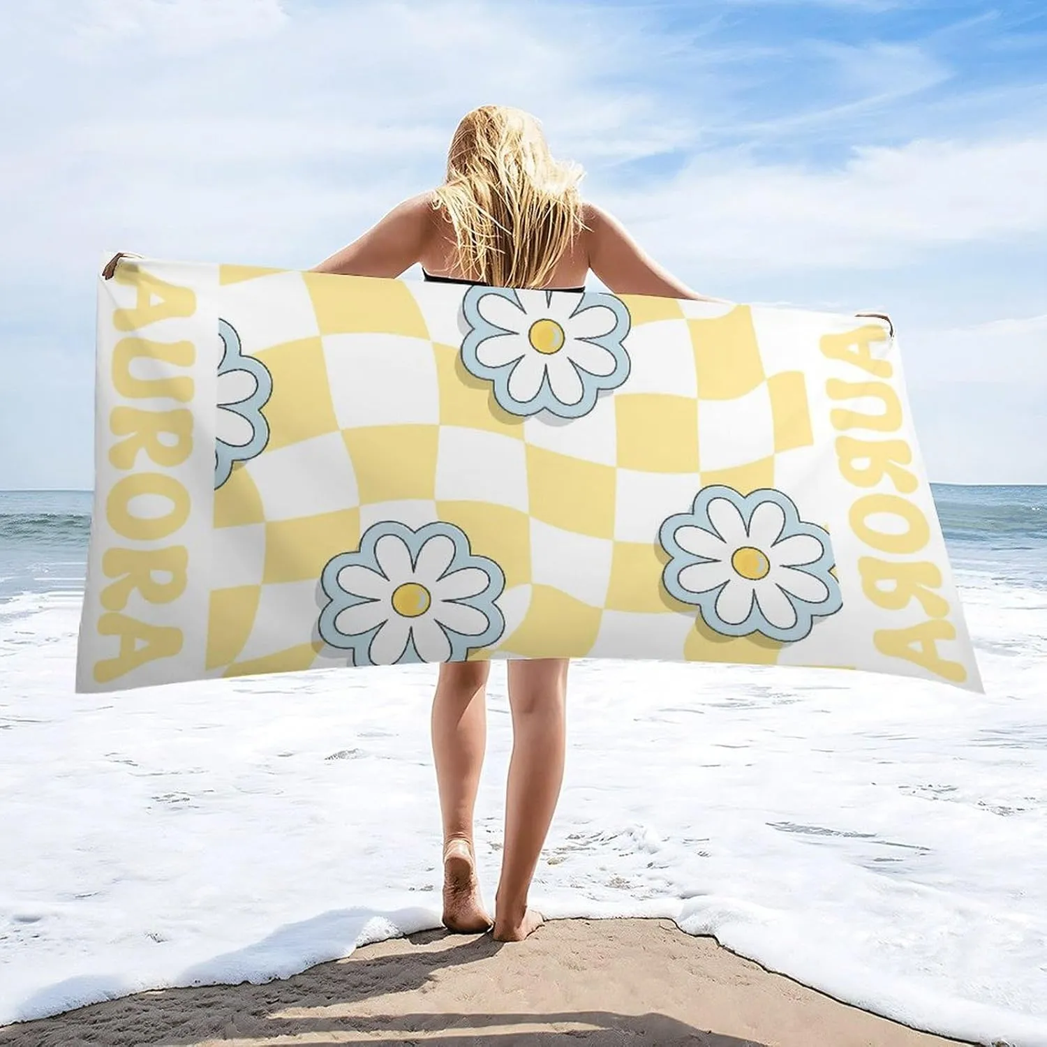 Yellow Beach Towel for Bride Womens Gift Customized Striped Bath Towels Designer Microfiber Swimming Towels for Adults Bachelorette