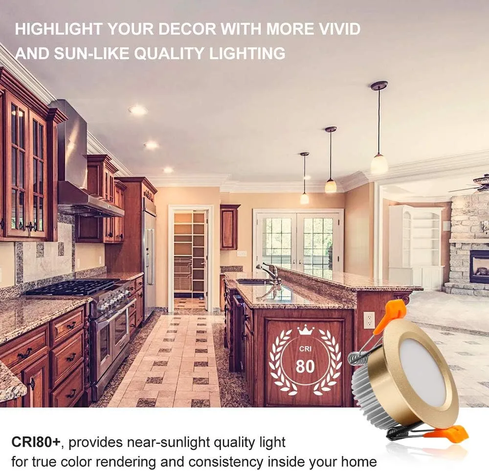YGS-Tech 2 Inch LED Recessed Lighting, Dimmable Downlight 3W(35W Halogen Equivalent), 2700K Ultra Warm White Ceiling Light, CRI80, Gold Trim with LED Driver(4 Pack)