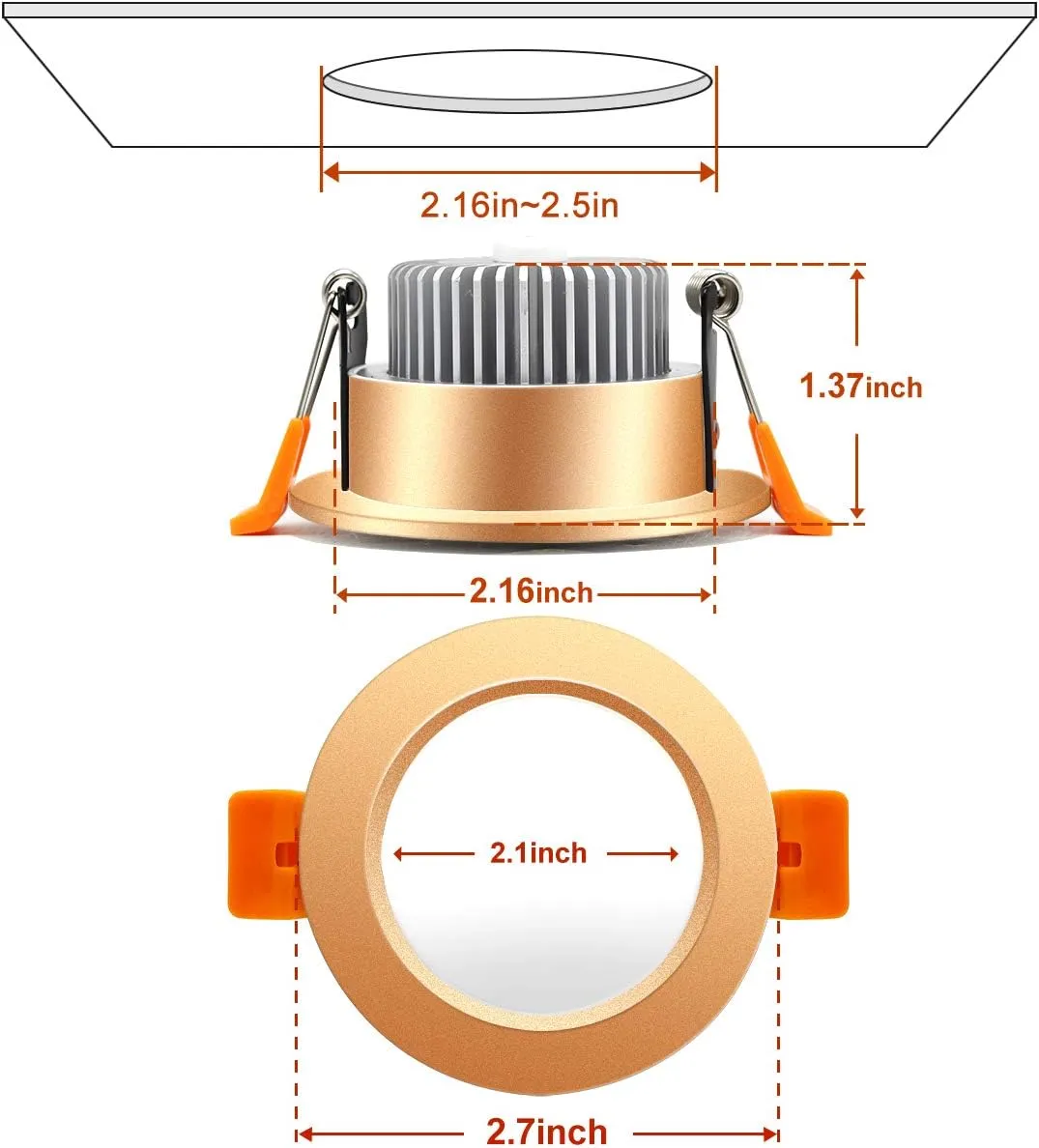 YGS-Tech 2 Inch LED Recessed Lighting, Dimmable Downlight 3W(35W Halogen Equivalent), 5000K Daylight White Ceiling Light, CRI80, Gold Trim with LED Driver(4 Pack)