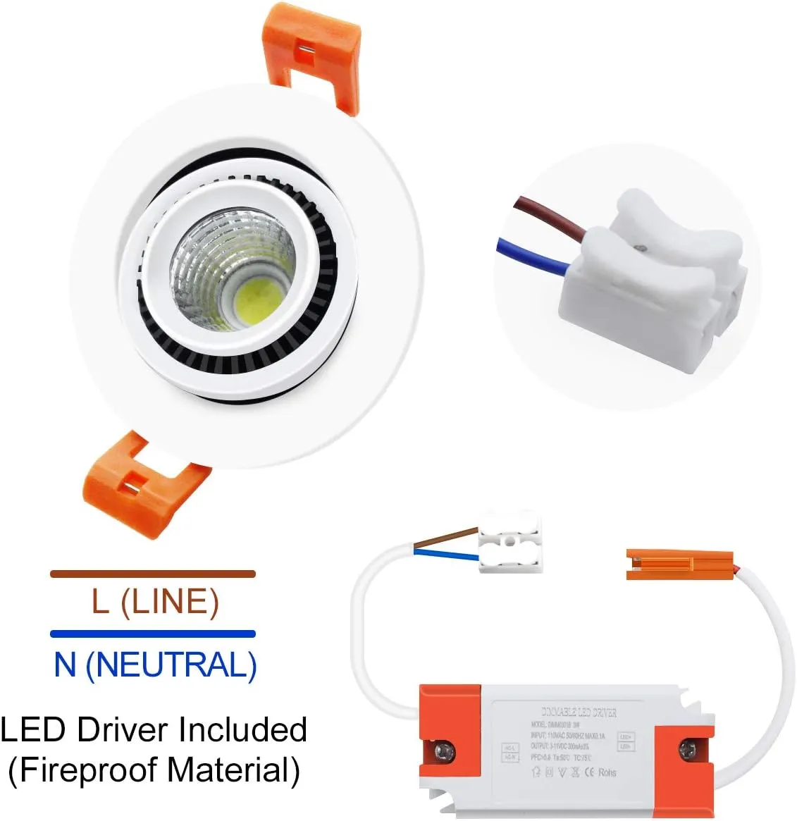 YGS-Tech 3 Inch Eyeball Gimbal LED Recessed Lighting Dimmable Downlight, 5W (40W Halogen Equivalent) Adjustable Spotlight, 5000K Daylight White, CRI80, Ceiling Light with LED Driver (4 Pack)