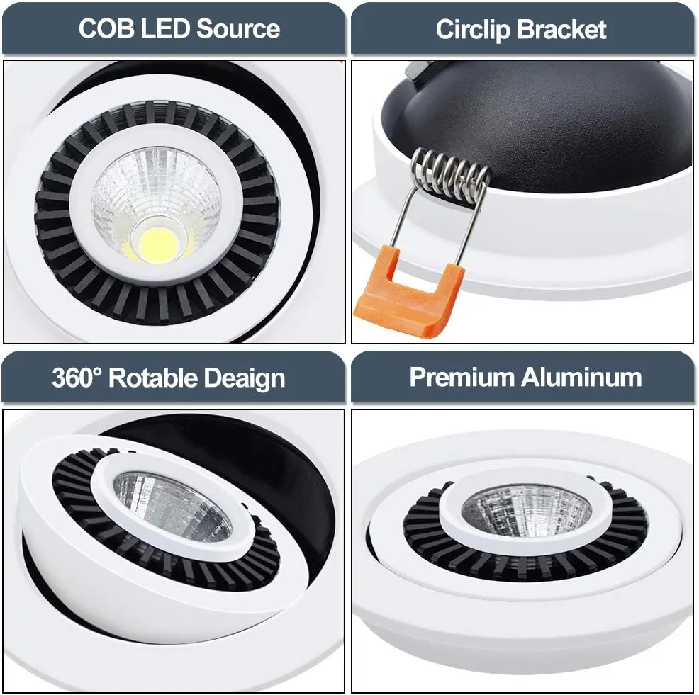 YGS-Tech 3.5 Inch Eyeball Gimbal LED Recessed Lighting Dimmable Downlight, 7W (70W Halogen Equivalent) Adjustable Spotlight, 5000K Daylight White, CRI80, Ceiling Light with LED Driver (4 Pack)