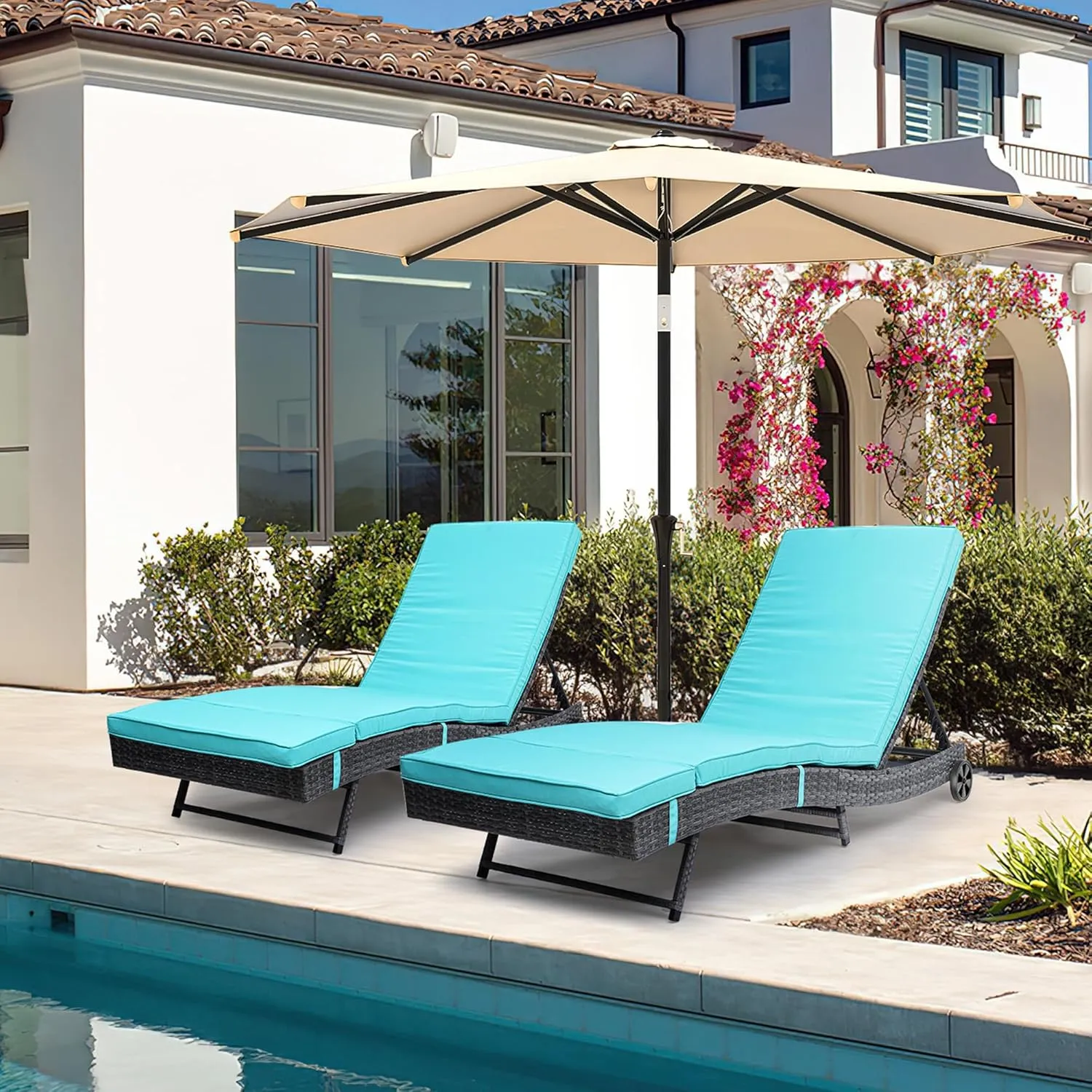 YITAHOME Wicker Chaise Lounge Outdoor PE Rattan Pool Lounge Chair with Adjustable Backrest and Removable Cushion & Wheels for Poolside Deck Balcony Lawn