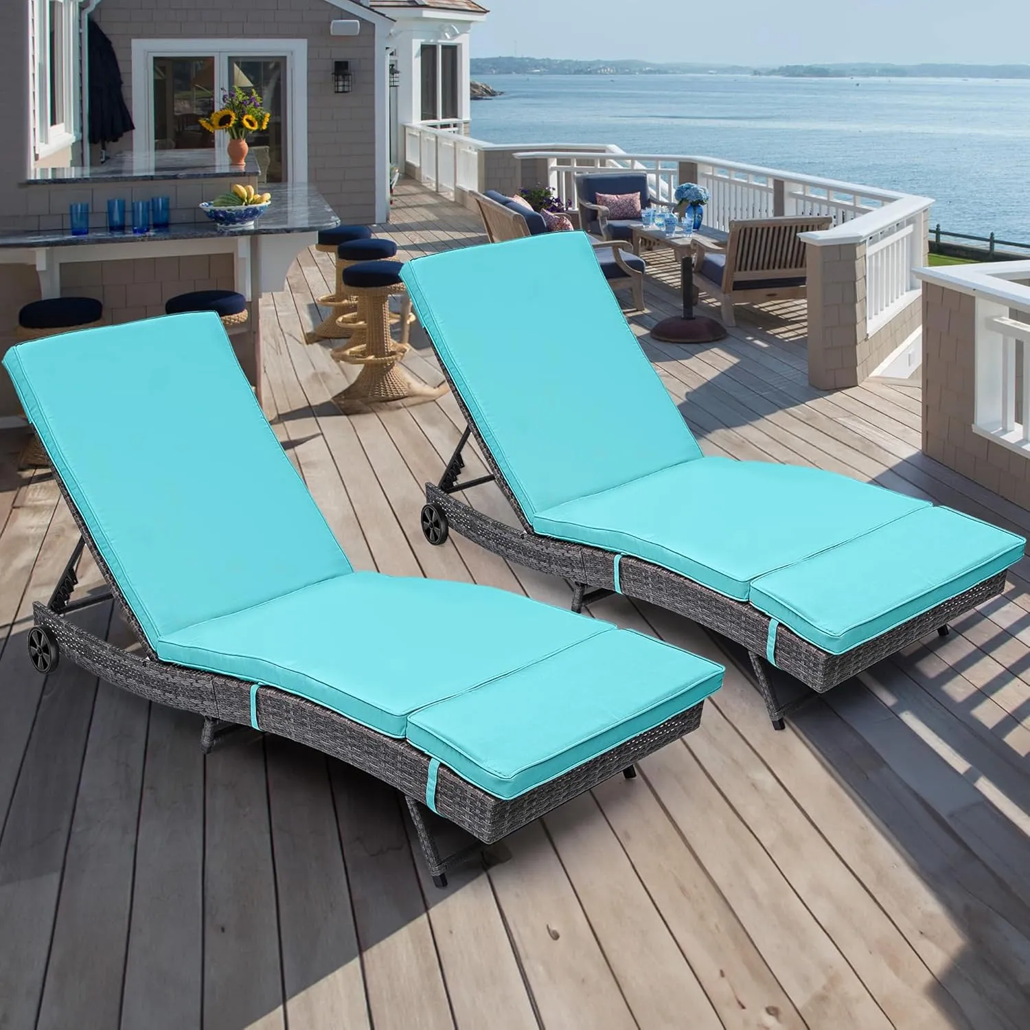 YITAHOME Wicker Chaise Lounge Outdoor PE Rattan Pool Lounge Chair with Adjustable Backrest and Removable Cushion & Wheels for Poolside Deck Balcony Lawn