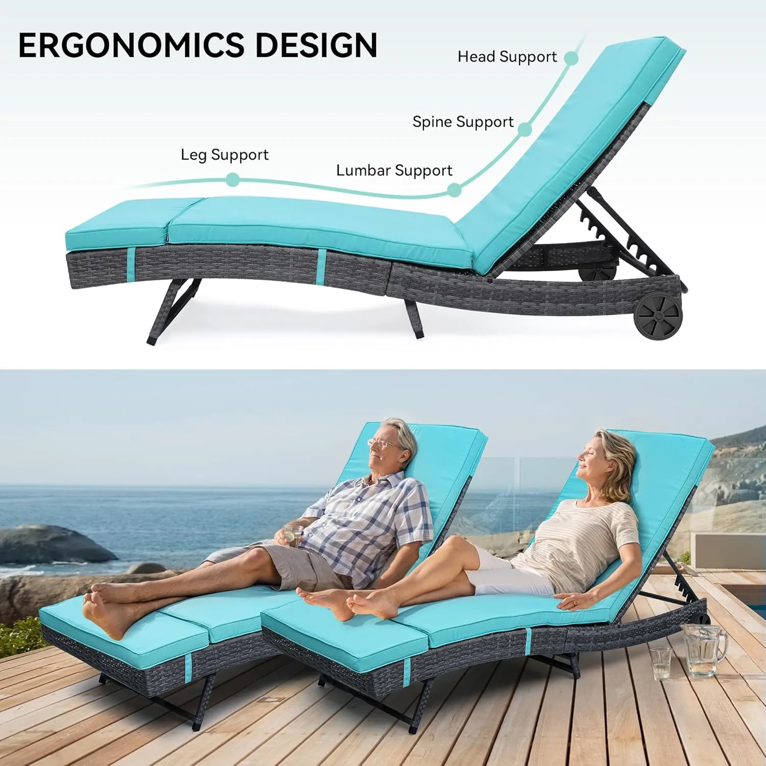 YITAHOME Wicker Chaise Lounge Outdoor PE Rattan Pool Lounge Chair with Adjustable Backrest and Removable Cushion & Wheels for Poolside Deck Balcony Lawn