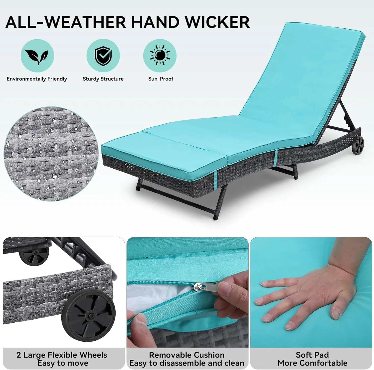 YITAHOME Wicker Chaise Lounge Outdoor PE Rattan Pool Lounge Chair with Adjustable Backrest and Removable Cushion & Wheels for Poolside Deck Balcony Lawn