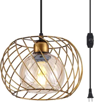 YLONG-ZS Gold Small Hanging Glass Lamps, Plug-in Dimmable Pendant Lighting for Bedroom Living Room, 16ft Cord, Adjustable