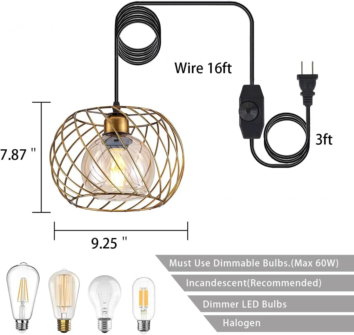 YLONG-ZS Gold Small Hanging Glass Lamps, Plug-in Dimmable Pendant Lighting for Bedroom Living Room, 16ft Cord, Adjustable