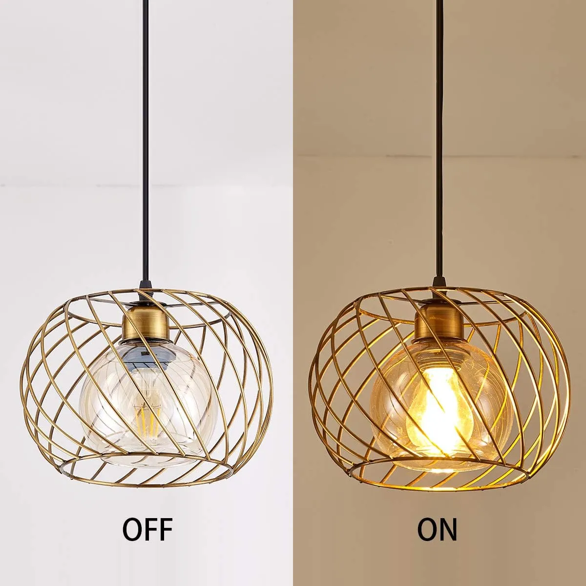 YLONG-ZS Gold Small Hanging Glass Lamps, Plug-in Dimmable Pendant Lighting for Bedroom Living Room, 16ft Cord, Adjustable