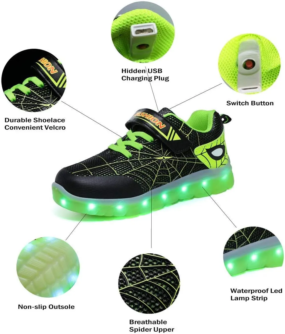 YUNICUS Kids Light Up Shoes Led Flash Sneakers with Spider Upper USB Charge for Boys Girls Toddles Best Gift for Birthday Thanksgiving Christmas Day