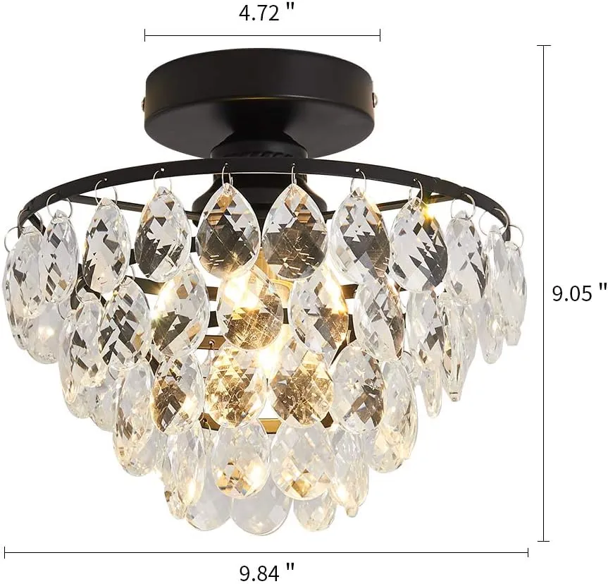 YYJLX Modern Small Crystal Ceiling Light Fixture Mini Black Semi Flush Mount Chandelier Light Fixture for Hallway Bedroom Bathroom Closet e26