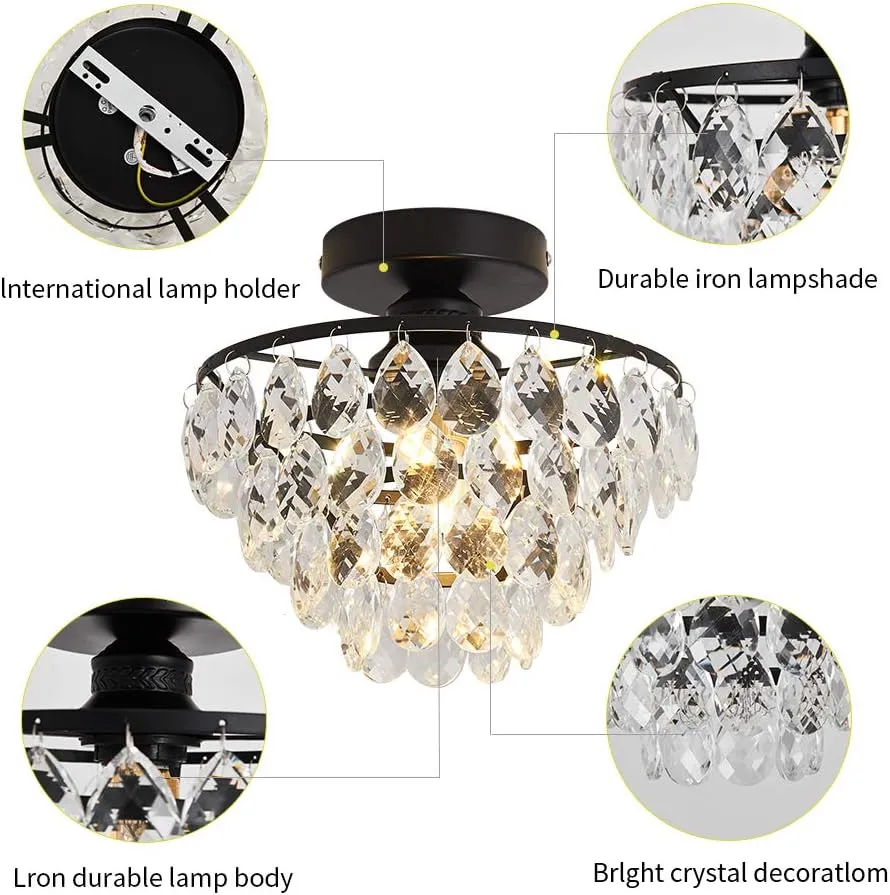 YYJLX Modern Small Crystal Ceiling Light Fixture Mini Black Semi Flush Mount Chandelier Light Fixture for Hallway Bedroom Bathroom Closet e26