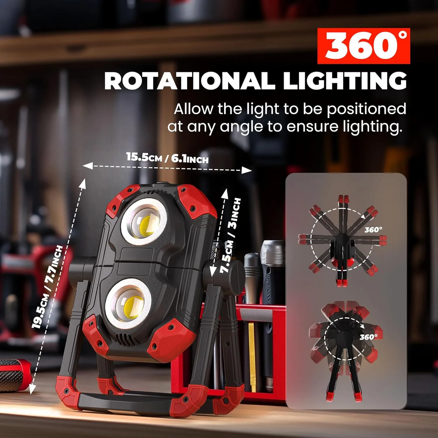 Yzoni 2 Pack LED Work Light Rechargeable, 2 COB 2500LM Folding Portable Flood Light with Magnetic Base and 360° Rotation Stand, Spotlights for Camping Car Repairing Emergency Job Site Lighting