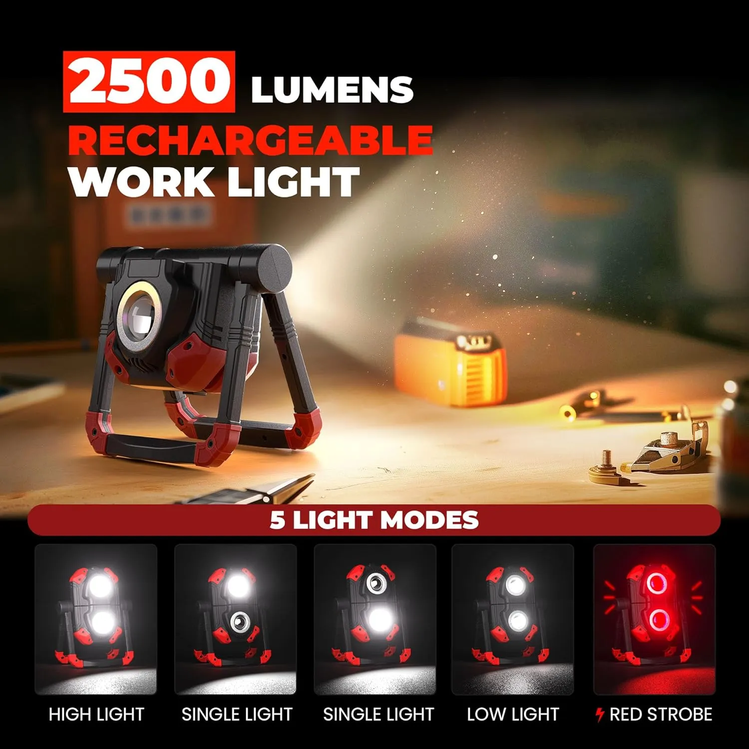 Yzoni 2 Pack LED Work Light Rechargeable, 2 COB 2500LM Folding Portable Flood Light with Magnetic Base and 360° Rotation Stand, Spotlights for Camping Car Repairing Emergency Job Site Lighting