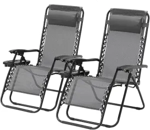 Zero Gravity Chair Set of 2, Heavy-Duty 330lbs Folding Recliner Lounge Chairs with Pillow & Cup Holder, Adjustable Steel Mesh Patio Chairs for Pool, Beach, Backyard – Lockable & Portable ( Gray)