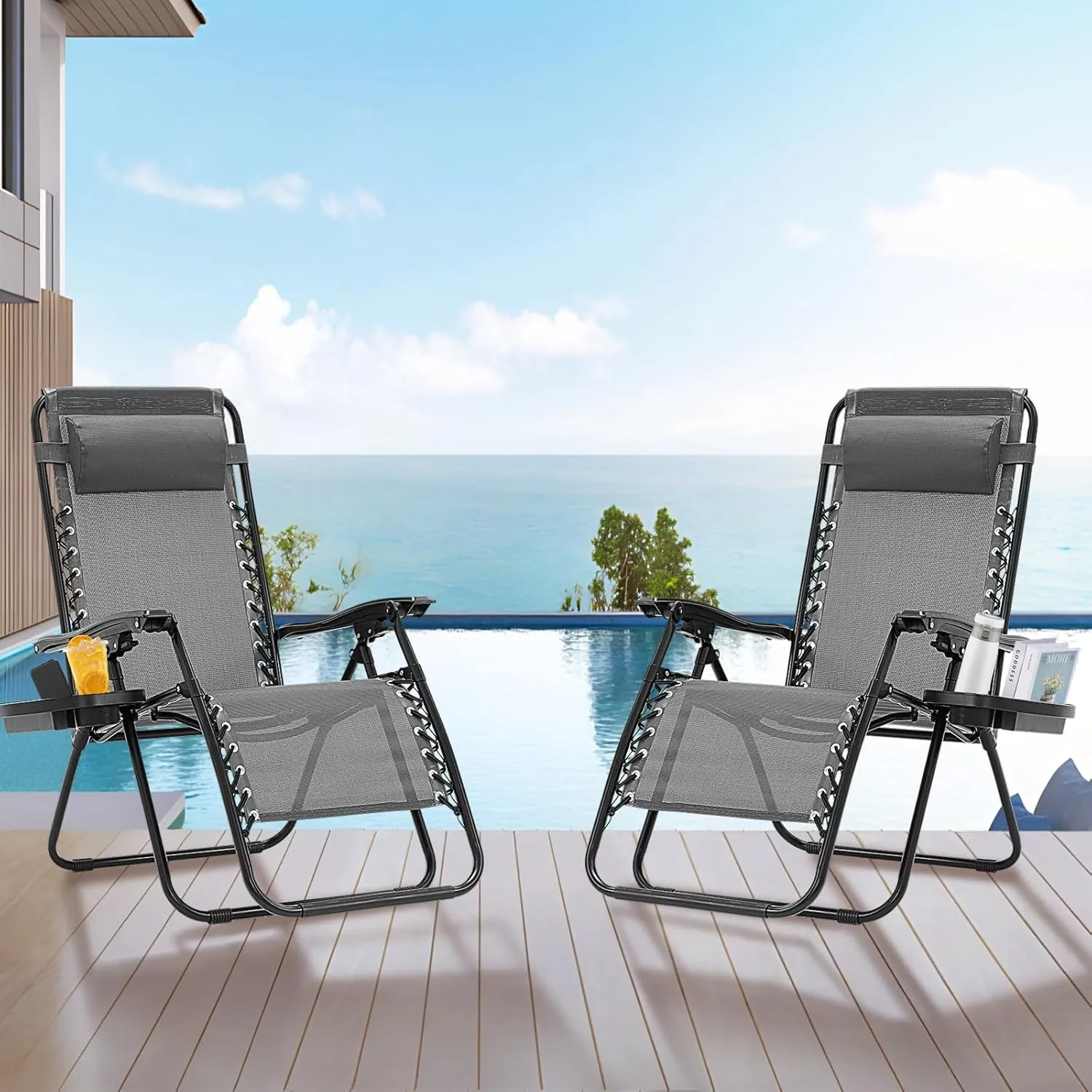 Zero Gravity Chair Set of 2, Heavy-Duty 330lbs Folding Recliner Lounge Chairs with Pillow & Cup Holder, Adjustable Steel Mesh Patio Chairs for Pool, Beach, Backyard – Lockable & Portable ( Gray)