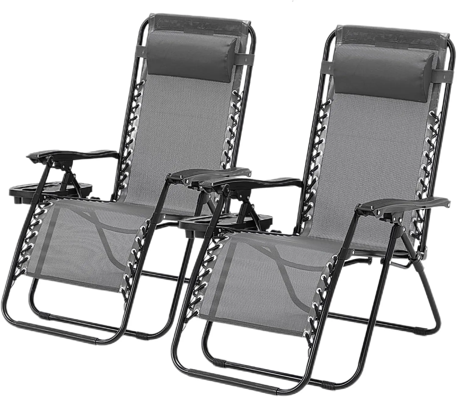 Zero Gravity Chair Set of 2, Heavy-Duty 330lbs Folding Recliner Lounge Chairs with Pillow & Cup Holder, Adjustable Steel Mesh Patio Chairs for Pool, Beach, Backyard – Lockable & Portable ( Gray)