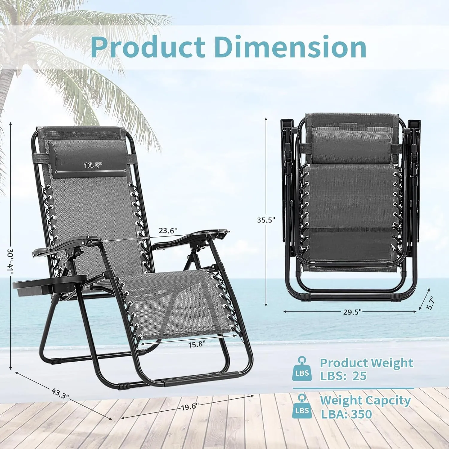 Zero Gravity Chair Set of 2, Heavy-Duty 330lbs Folding Recliner Lounge Chairs with Pillow & Cup Holder, Adjustable Steel Mesh Patio Chairs for Pool, Beach, Backyard – Lockable & Portable ( Gray)