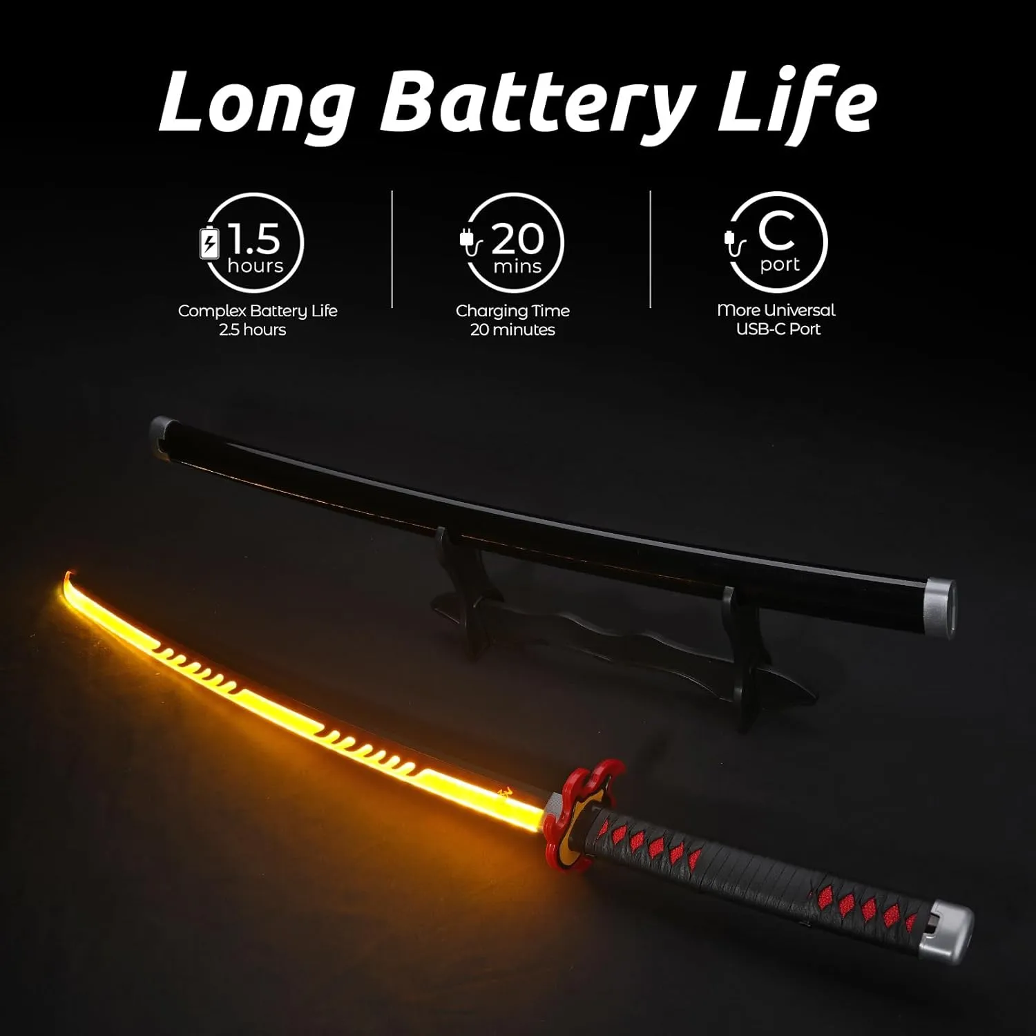 Zisu LED Glowing Anime Sword Firegod Sword - 40 Inch Rechargeable Light Up Sword with Stand & Belt