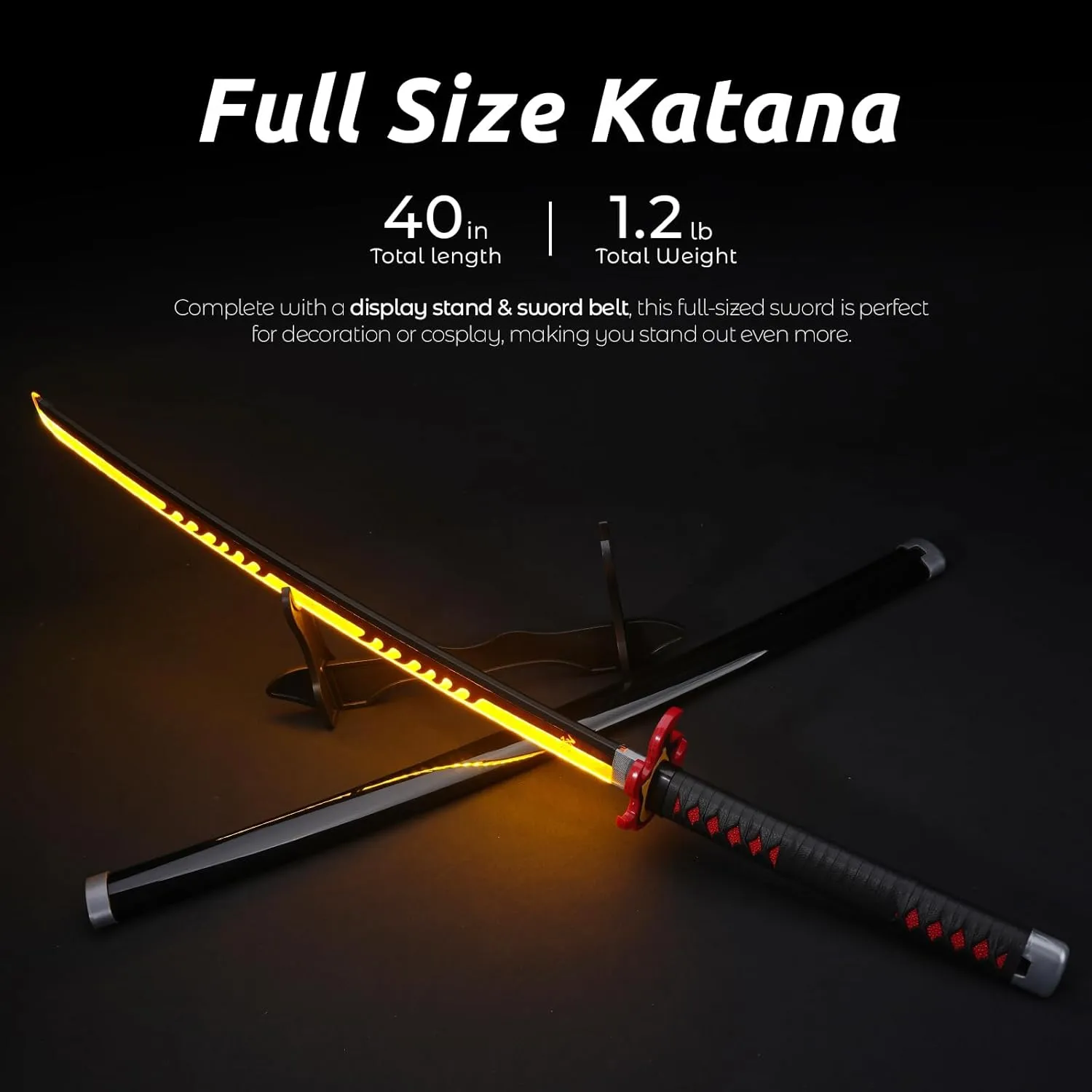 Zisu LED Glowing Anime Sword Firegod Sword - 40 Inch Rechargeable Light Up Sword with Stand & Belt
